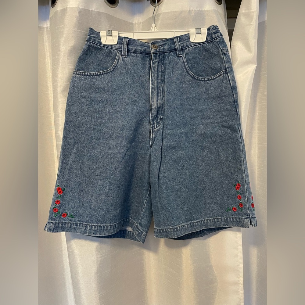 Sears Blue Jean Shorts with Red Floral Embroidery